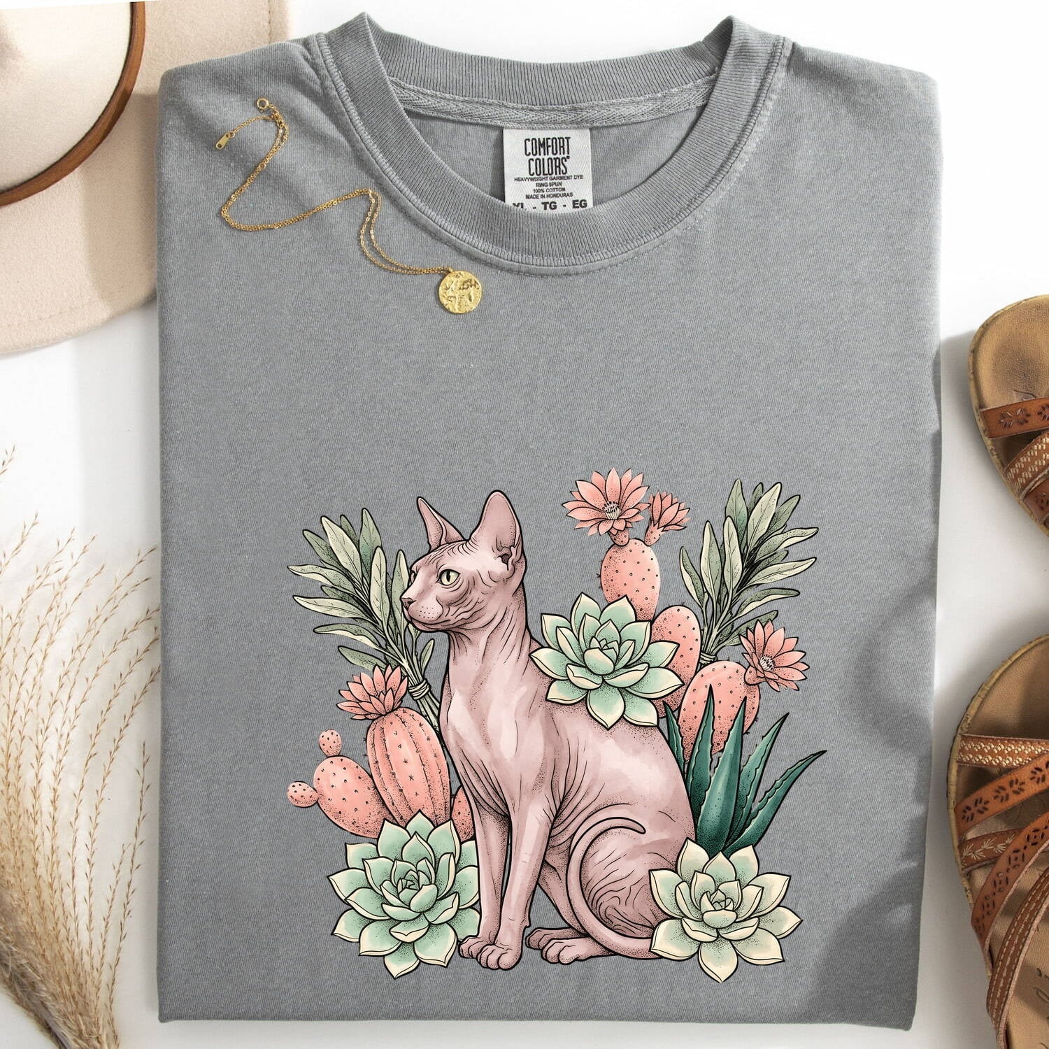 Sphynx Cat Shirt for Women – Botanical Herbaceous Greenery Classic Aloe Graphic Tee