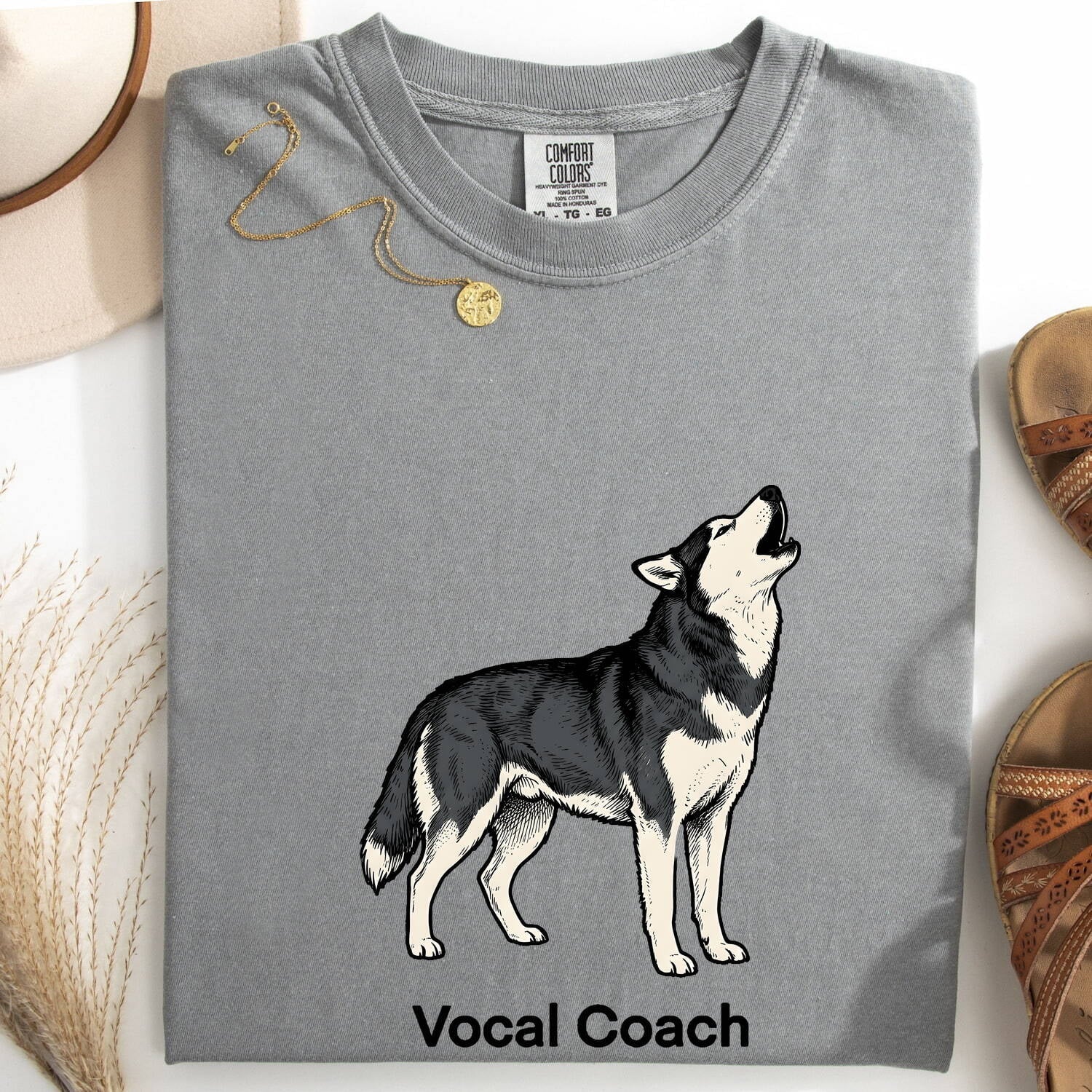 Husky Shirt for Women – Doodle Outline Howling Silhouette Companion Dog Graphic Tee