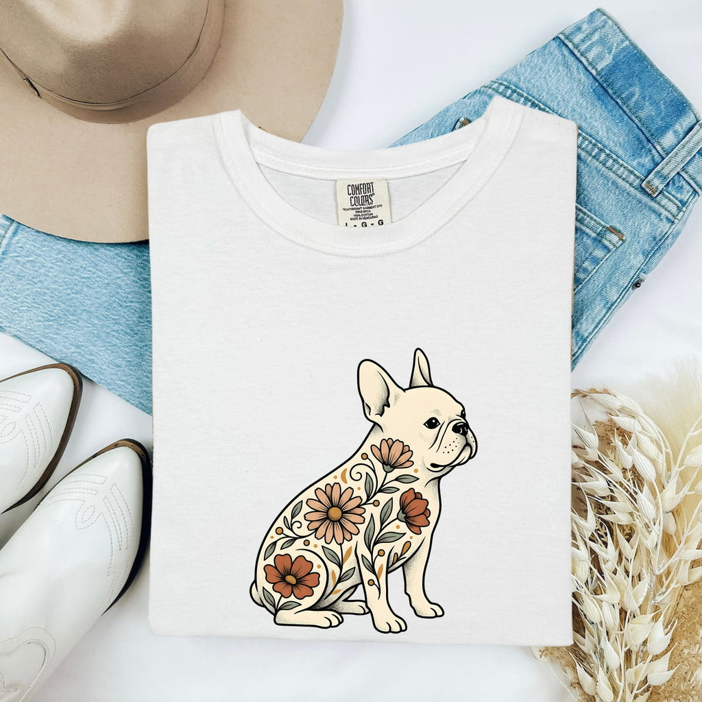 French Bulldog Shirt for Women – Hand Drawn Illustrative Floral Plants Dog Graphic Tee