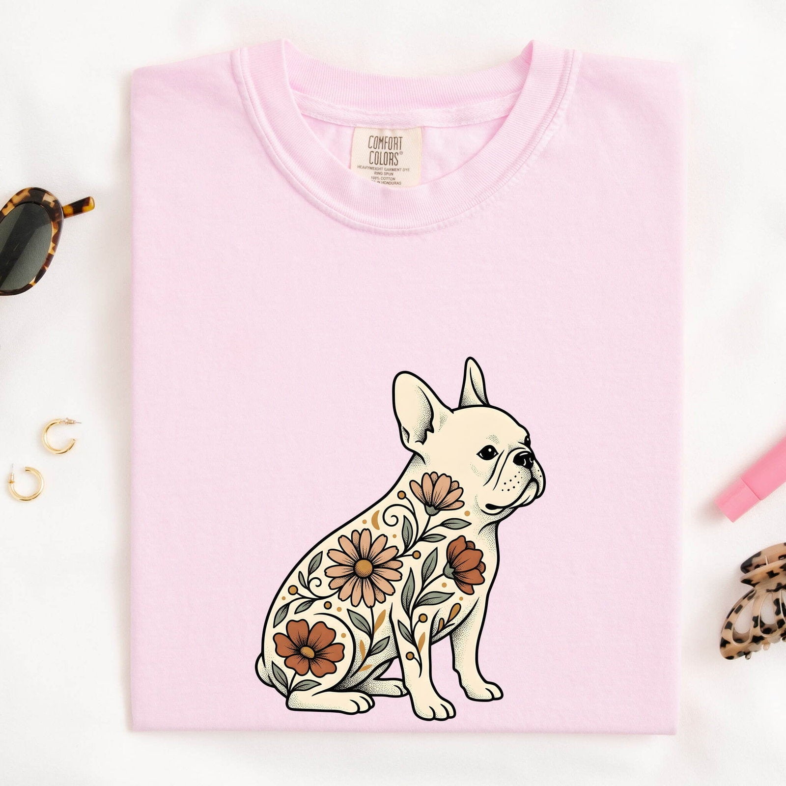 French Bulldog Shirt for Women – Hand Drawn Illustrative Floral Plants Dog Graphic Tee