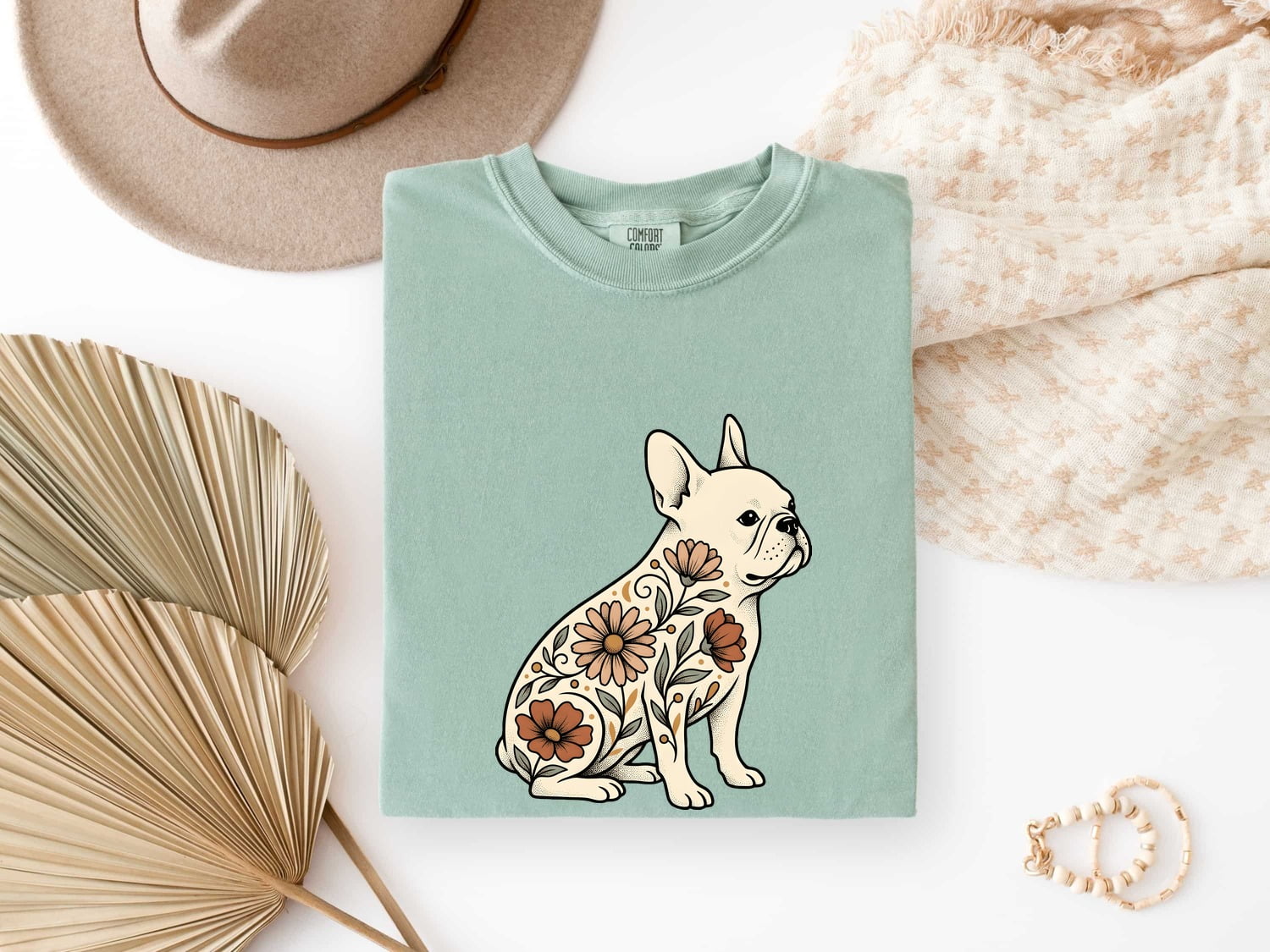 French Bulldog Shirt for Women – Hand Drawn Illustrative Floral Plants Dog Graphic Tee