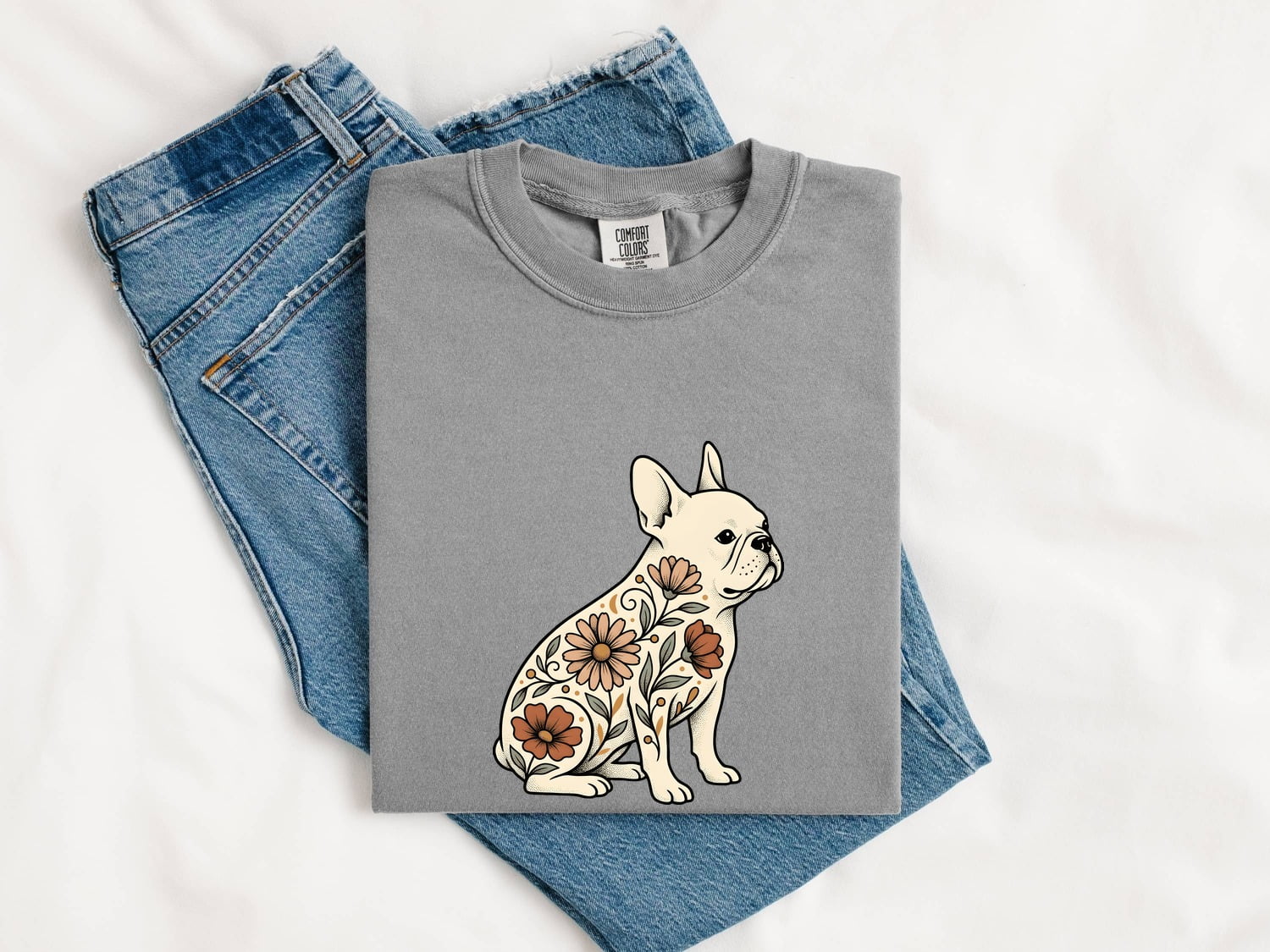 French Bulldog Shirt for Women – Hand Drawn Illustrative Floral Plants Dog Graphic Tee