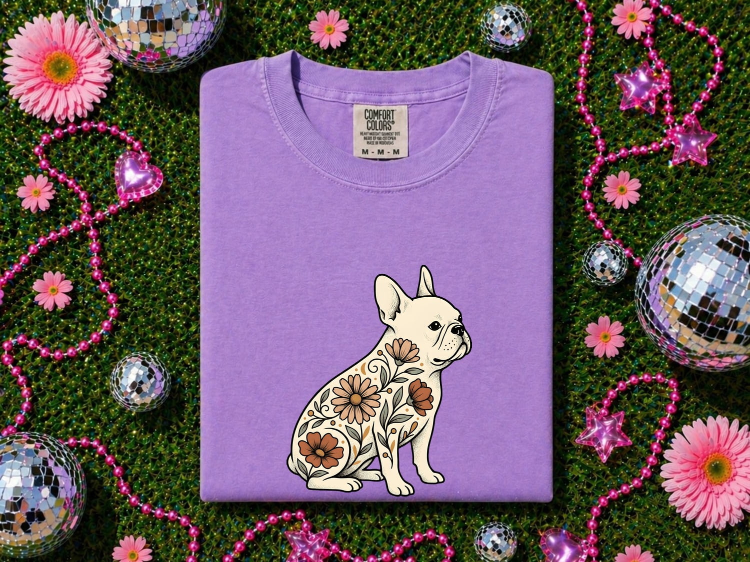 French Bulldog Shirt for Women – Hand Drawn Illustrative Floral Plants Dog Graphic Tee