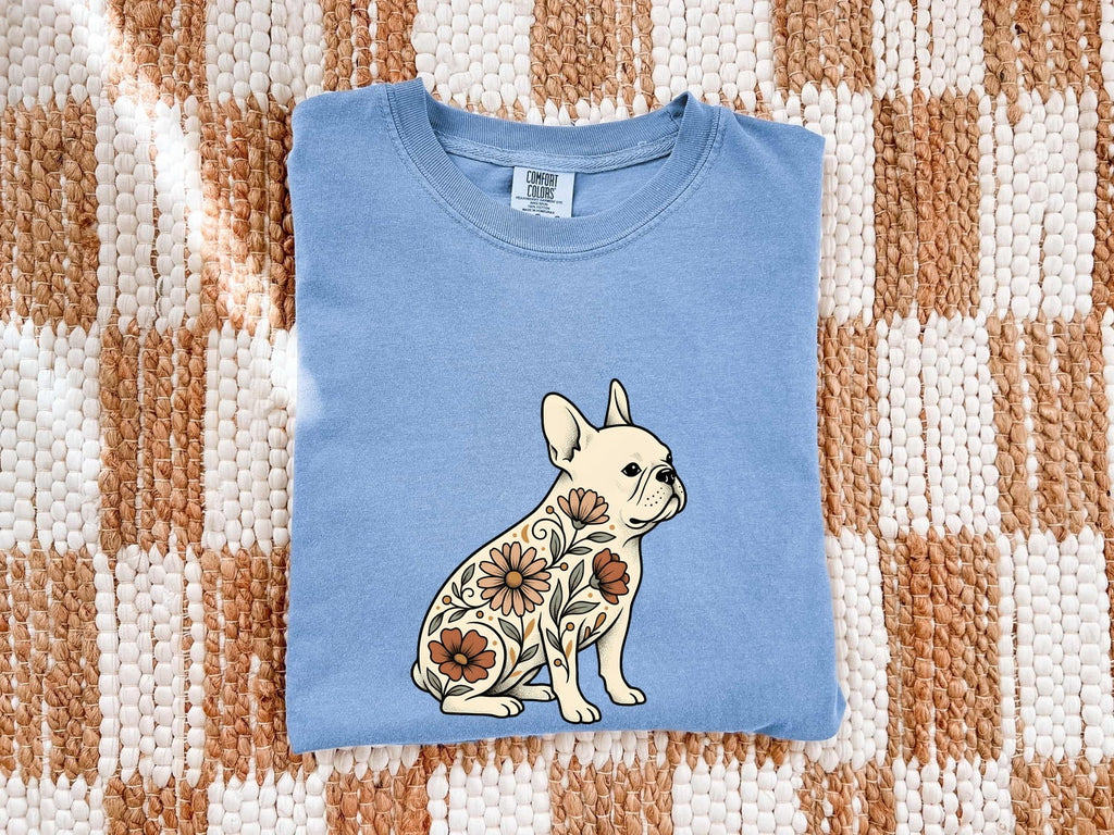 French Bulldog Shirt for Women – Hand Drawn Illustrative Floral Plants Dog Graphic Tee