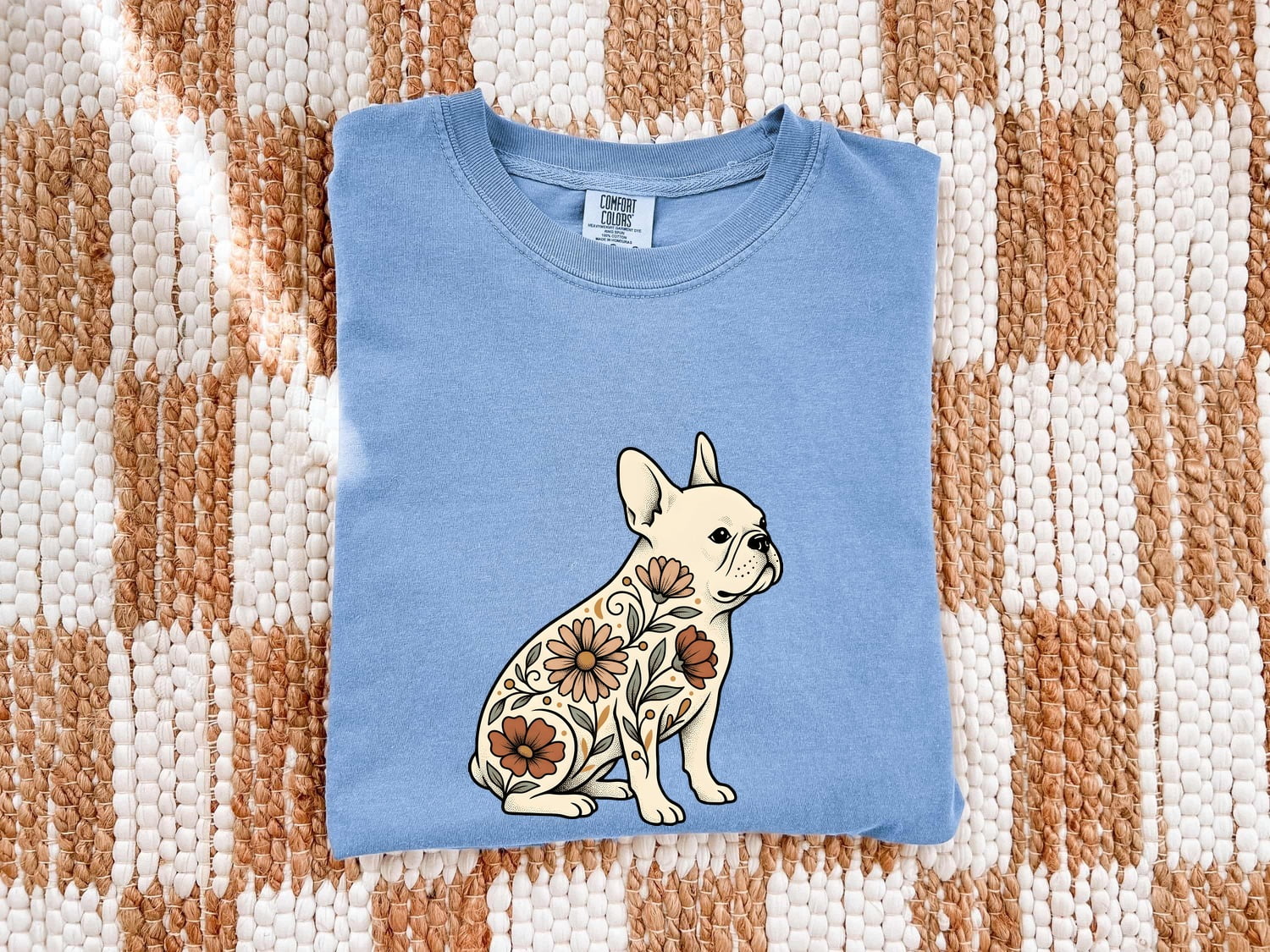 French Bulldog Shirt for Women – Hand Drawn Illustrative Floral Plants Dog Graphic Tee
