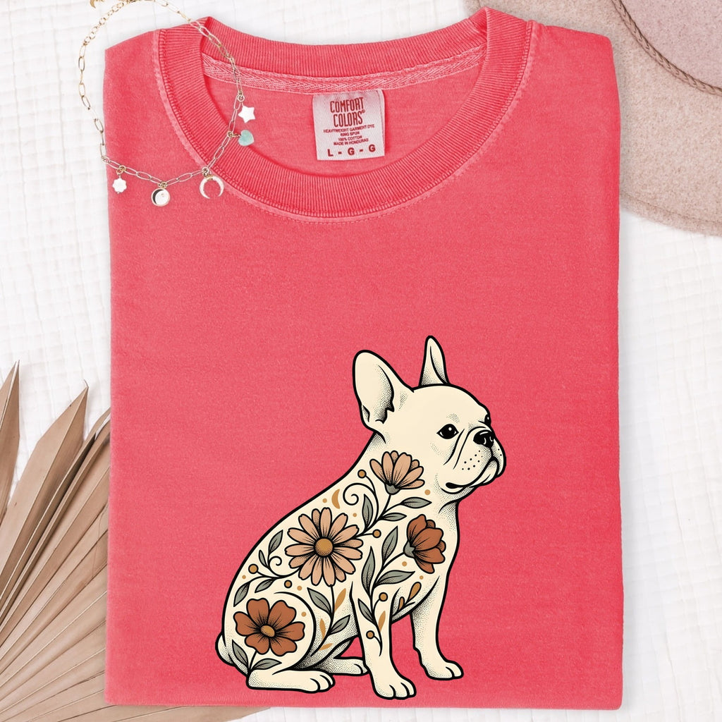 French Bulldog Shirt for Women – Hand Drawn Illustrative Floral Plants Dog Graphic Tee