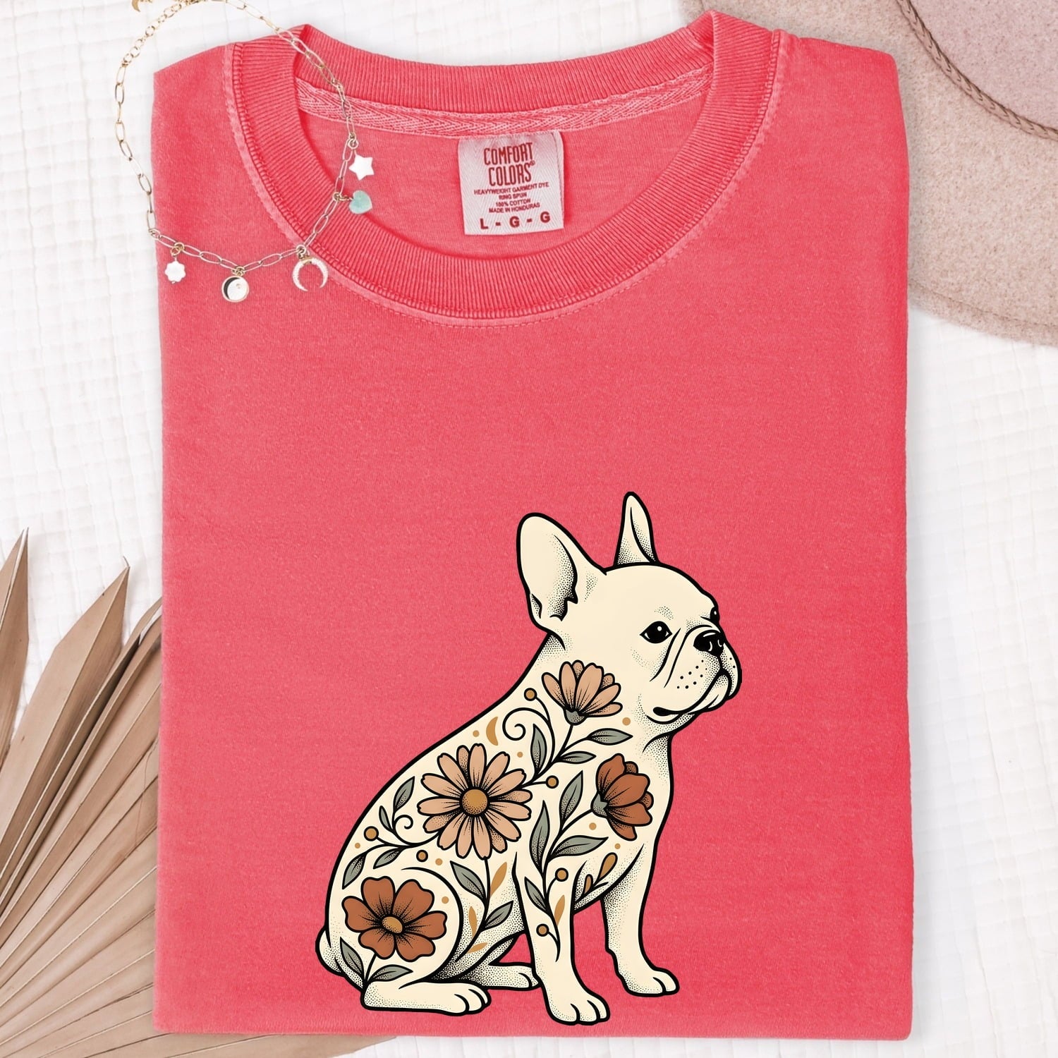 French Bulldog Shirt for Women – Hand Drawn Illustrative Floral Plants Dog Graphic Tee