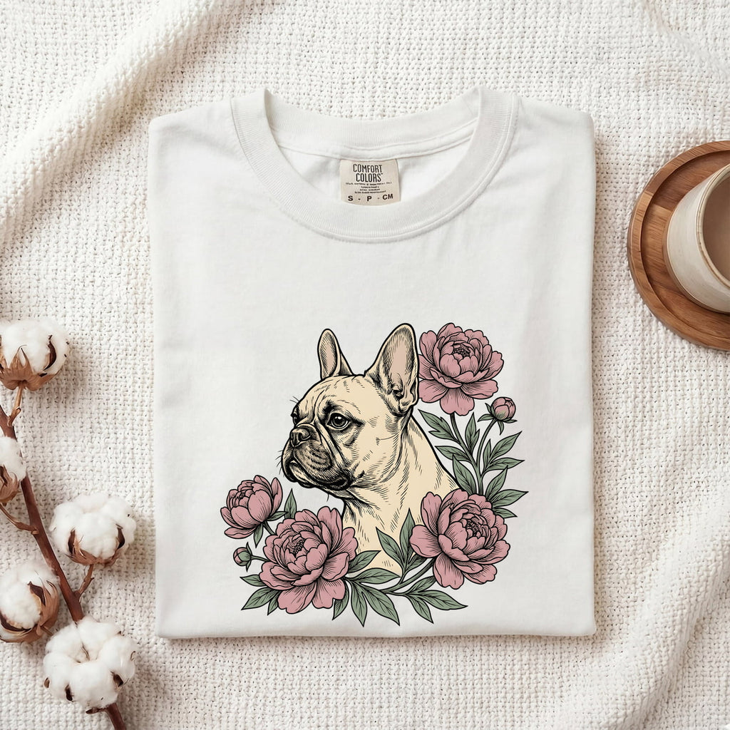 French Bulldog Shirt for Women – Botanical Vintage Peonies Floral Dog Graphic Tee