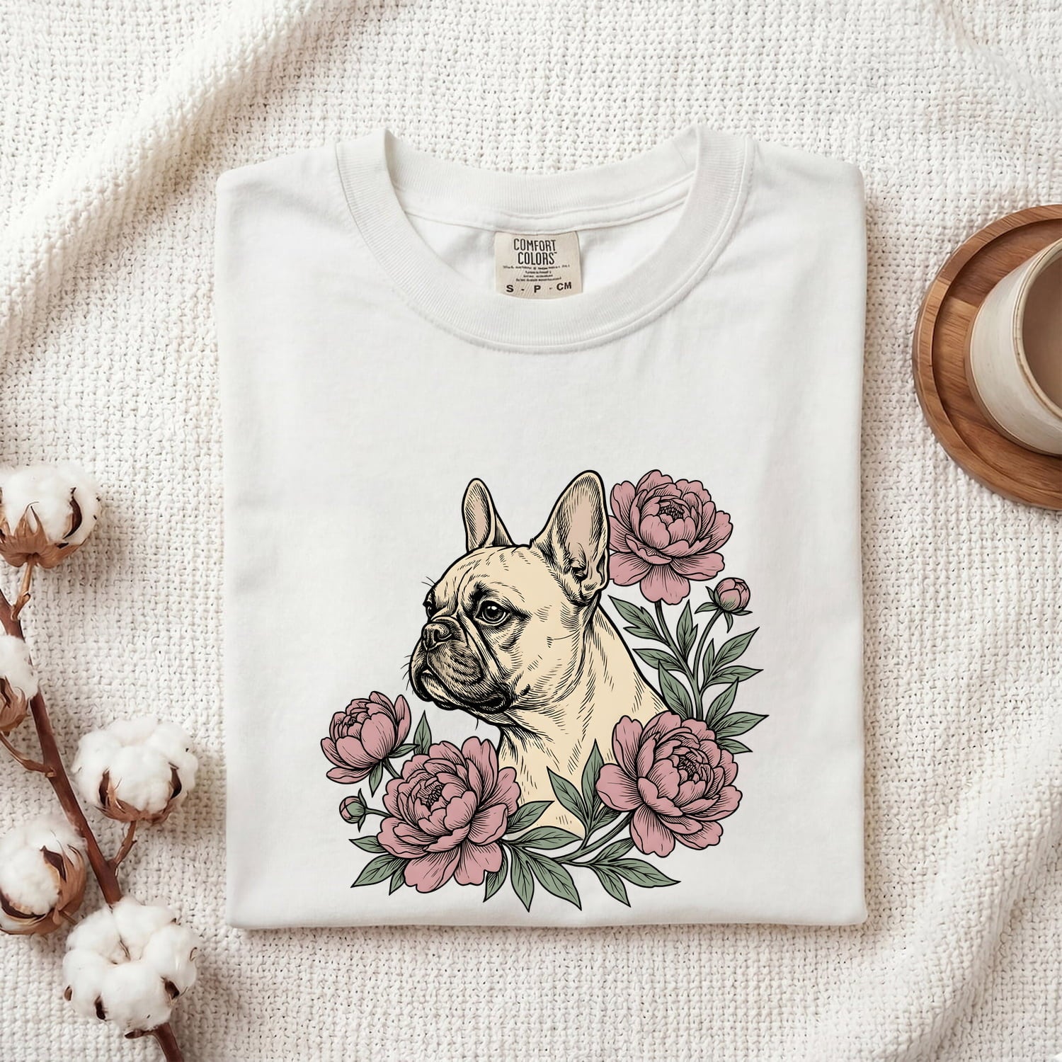 French Bulldog Shirt for Women – Botanical Vintage Peonies Floral Dog Graphic Tee