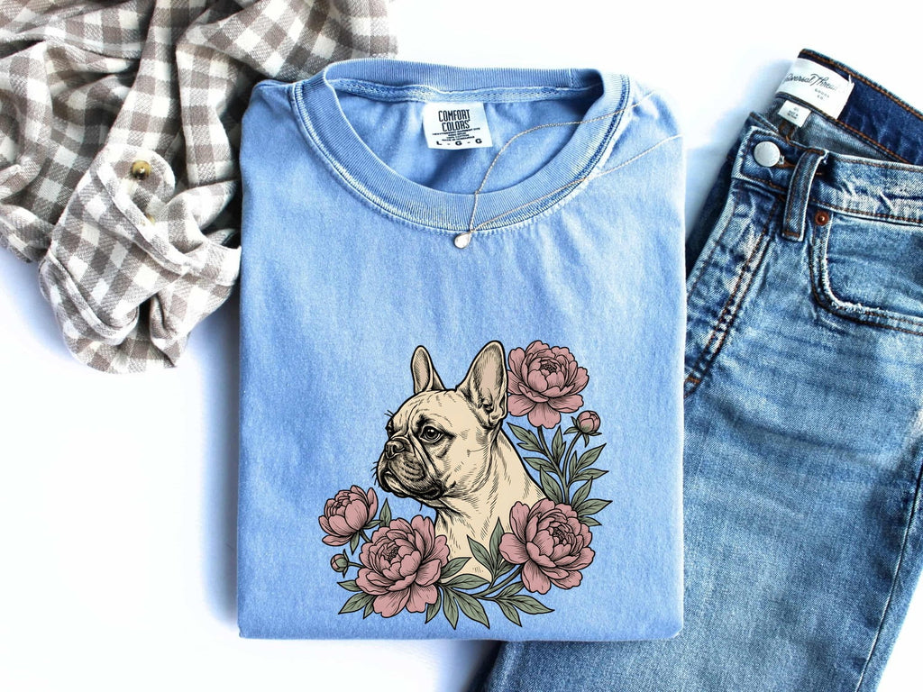 French Bulldog Shirt for Women – Botanical Vintage Peonies Floral Dog Graphic Tee