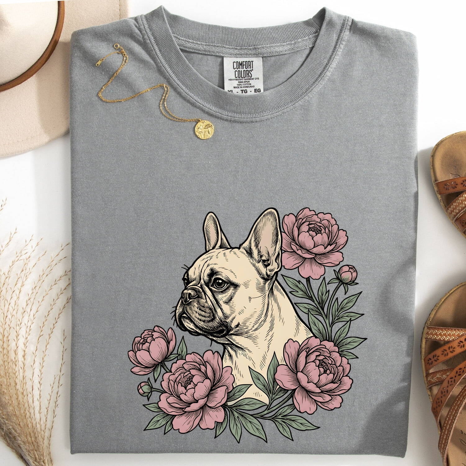 French Bulldog Shirt for Women – Botanical Vintage Peonies Floral Dog Graphic Tee