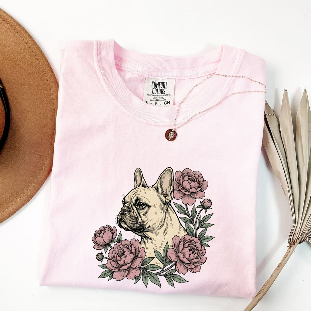 French Bulldog Shirt for Women – Botanical Vintage Peonies Floral Dog Graphic Tee