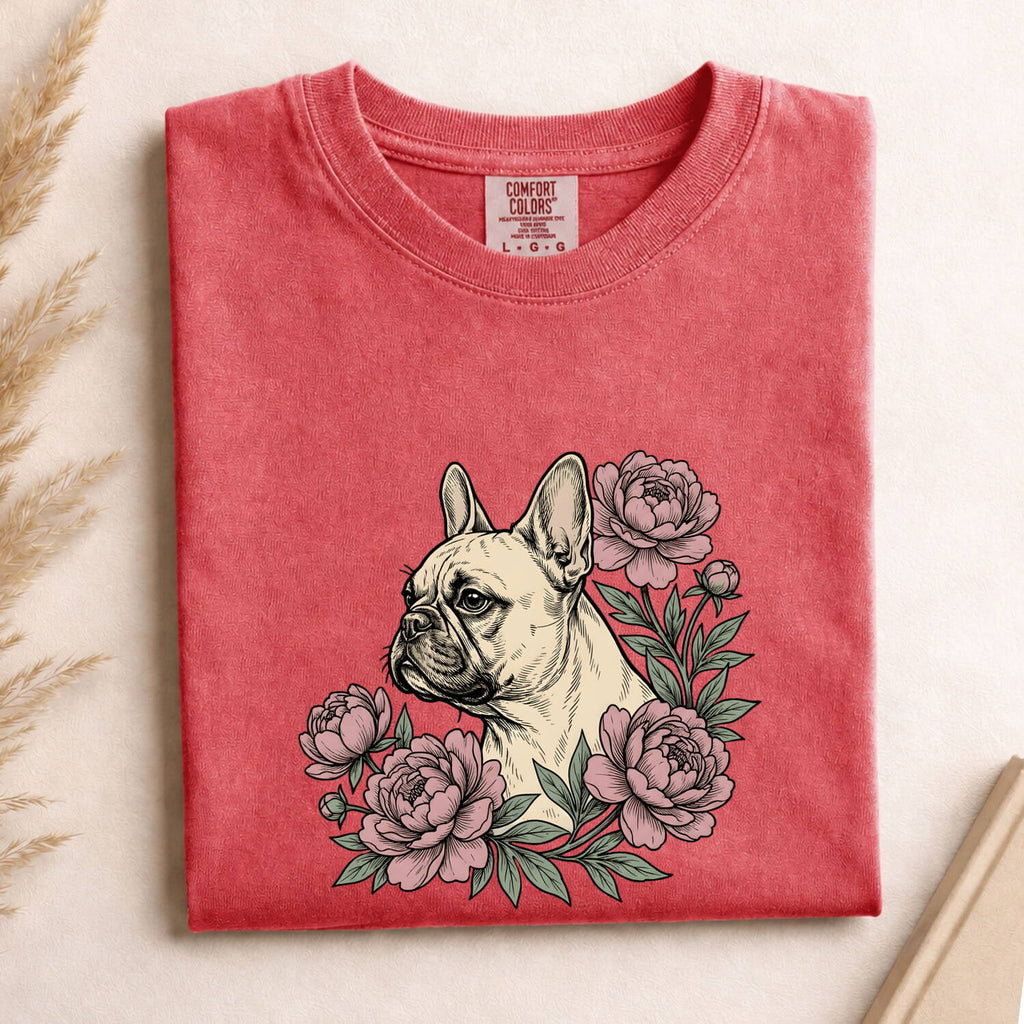 French Bulldog Shirt for Women – Botanical Vintage Peonies Floral Dog Graphic Tee