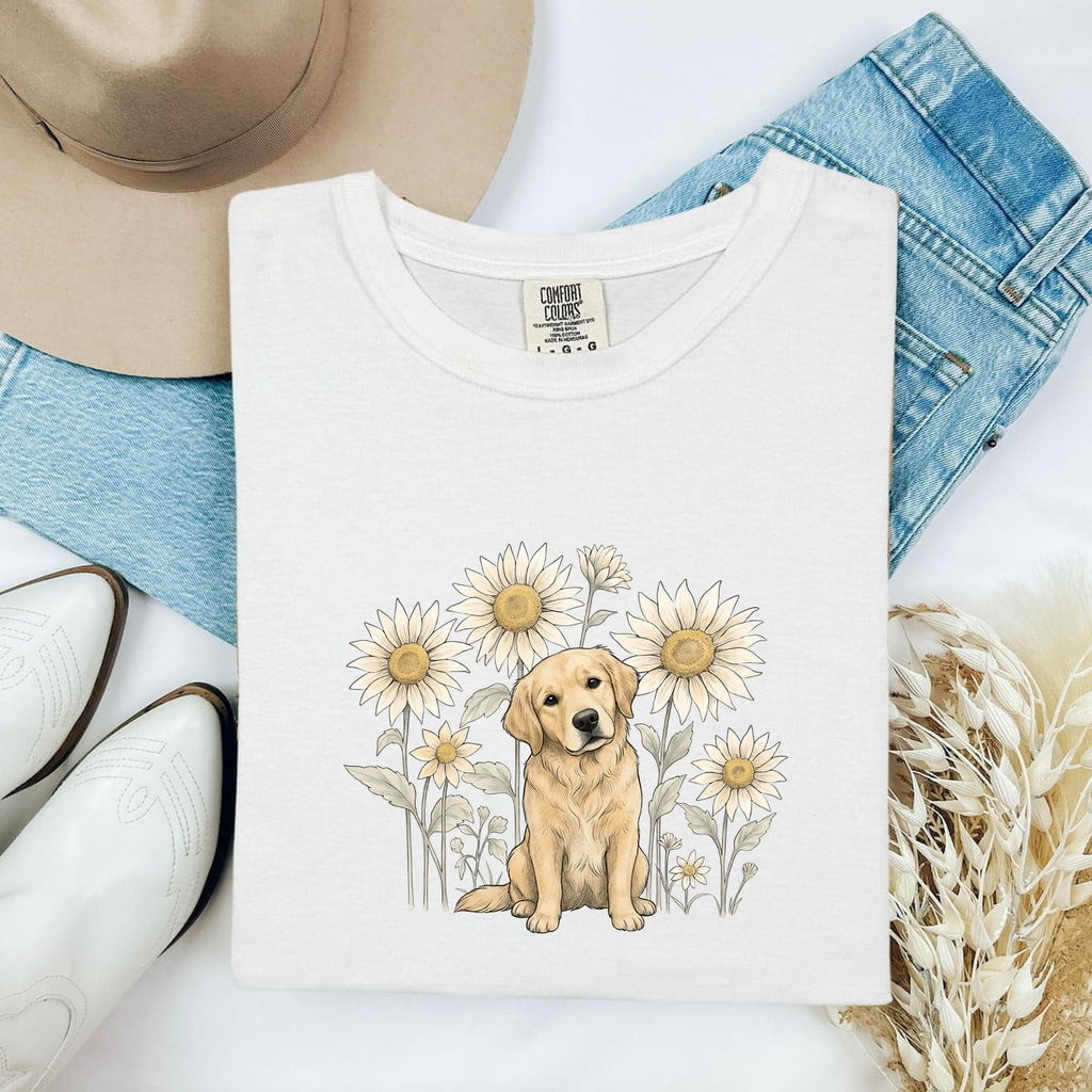 Golden Retriever Shirt for Women – Floral Doodle Sunflower Petals Nature Canine Graphic Tee