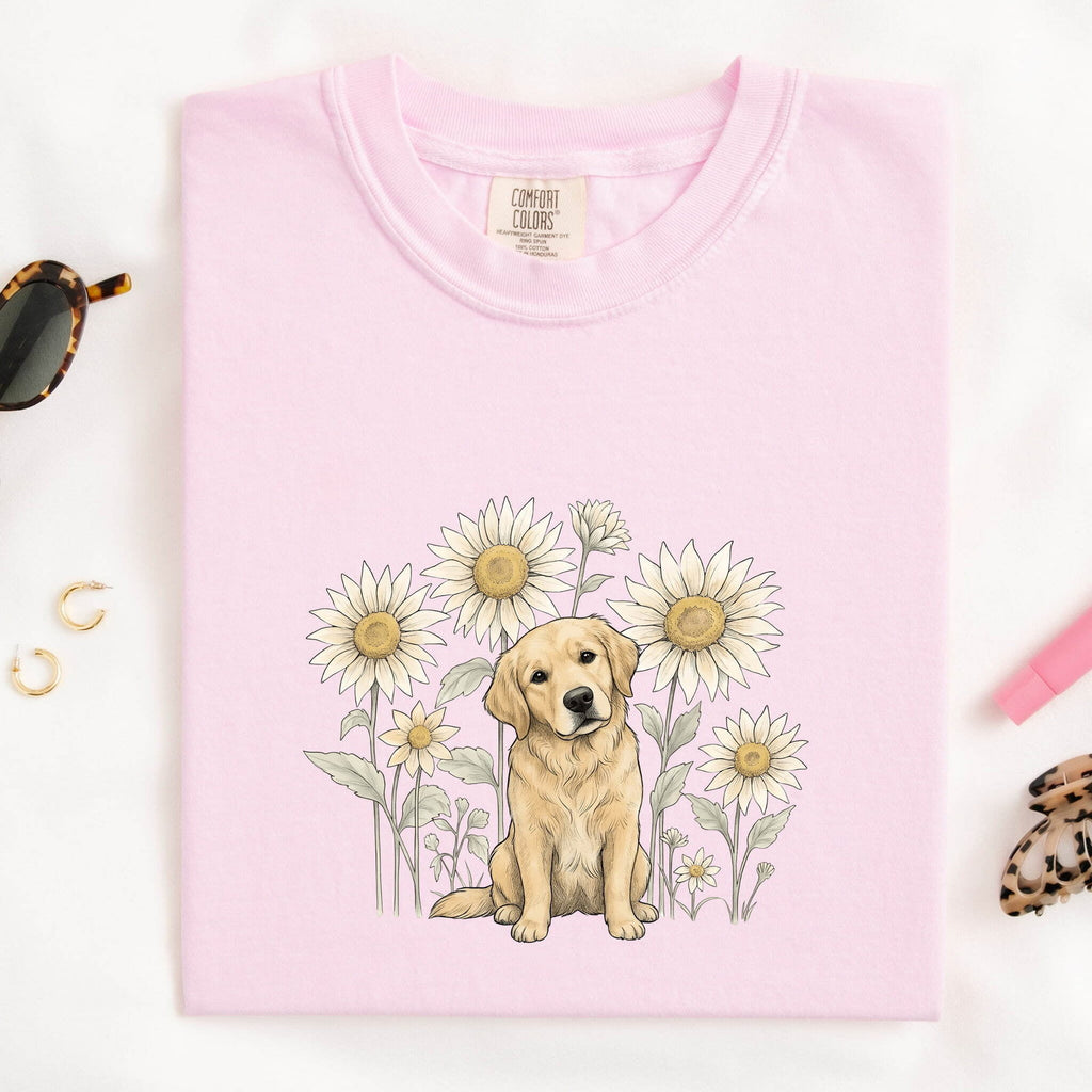 Golden Retriever Shirt for Women – Floral Doodle Sunflower Petals Nature Canine Graphic Tee