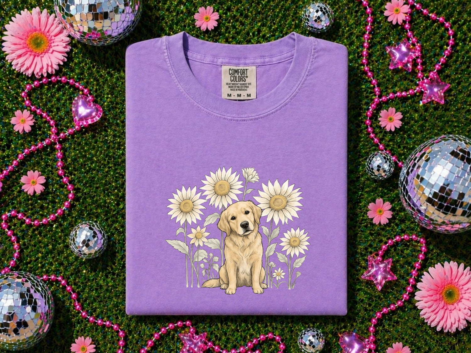 Golden Retriever Shirt for Women – Floral Doodle Sunflower Petals Nature Canine Graphic Tee