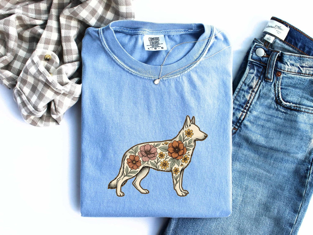 German Shepherd Shirt for Women – Retro Botanical Floral Meadow Alsatian Dog Graphic Tee