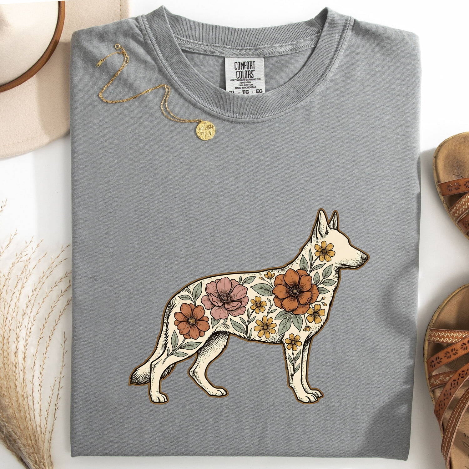 German Shepherd Shirt for Women – Retro Botanical Floral Meadow Alsatian Dog Graphic Tee
