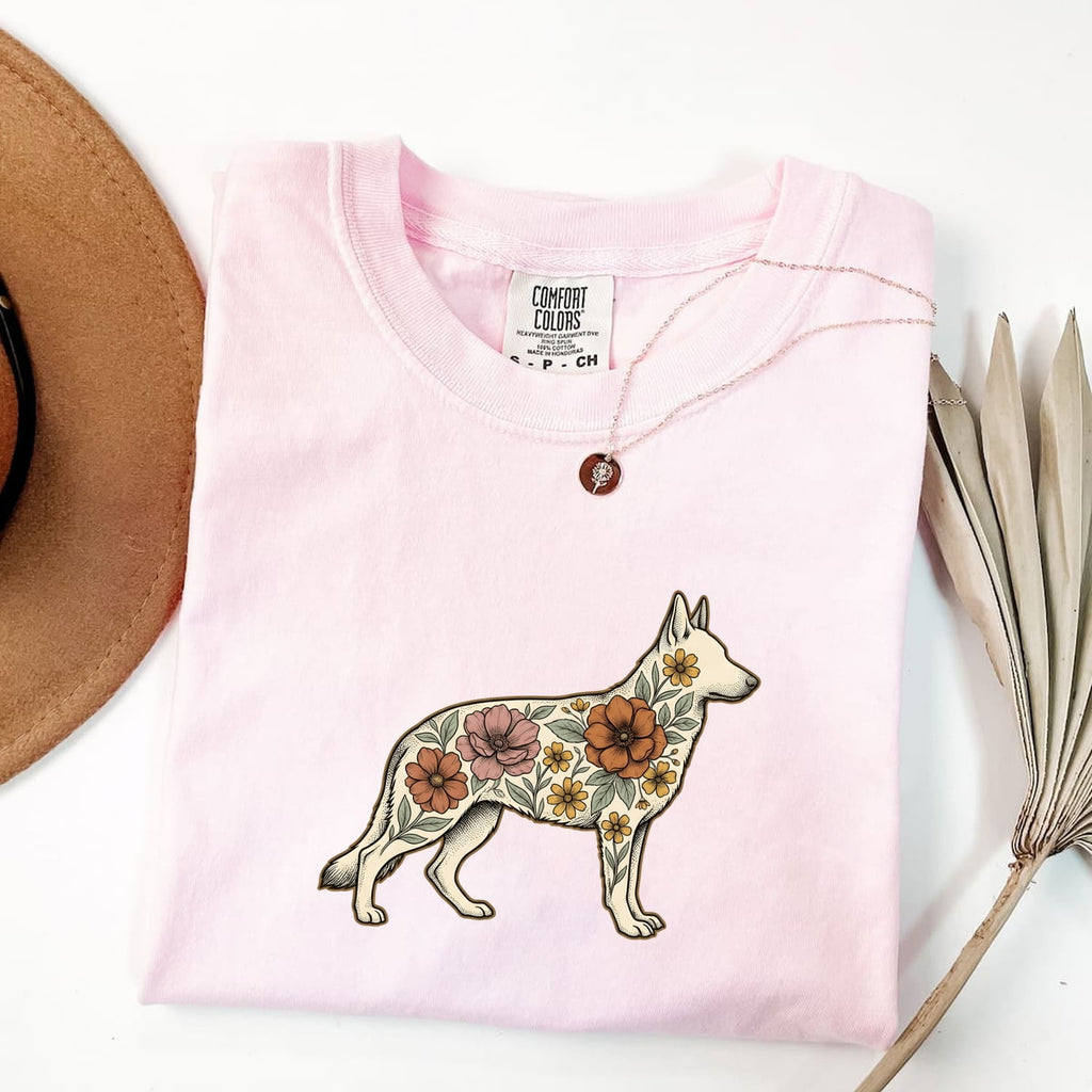 German Shepherd Shirt for Women – Retro Botanical Floral Meadow Alsatian Dog Graphic Tee