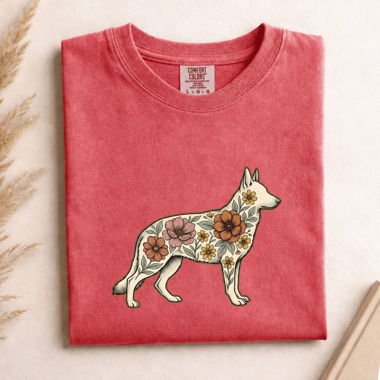 German Shepherd Shirt for Women – Retro Botanical Floral Meadow Alsatian Dog Graphic Tee
