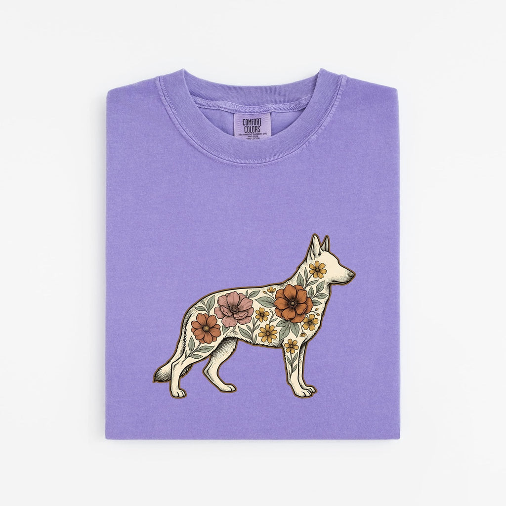 German Shepherd Shirt for Women – Retro Botanical Floral Meadow Alsatian Dog Graphic Tee