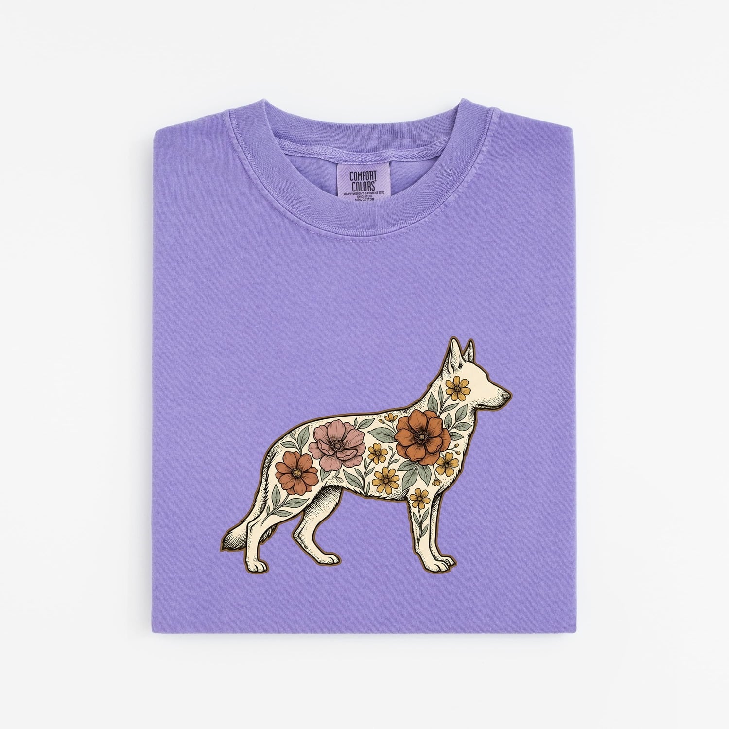 German Shepherd Shirt for Women – Retro Botanical Floral Meadow Alsatian Dog Graphic Tee