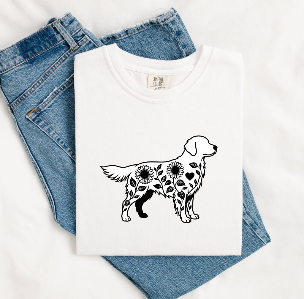 Golden Retriever Shirt for Women – Boho Minimalist Floral Sunflower Hippie Dog Graphic Tee
