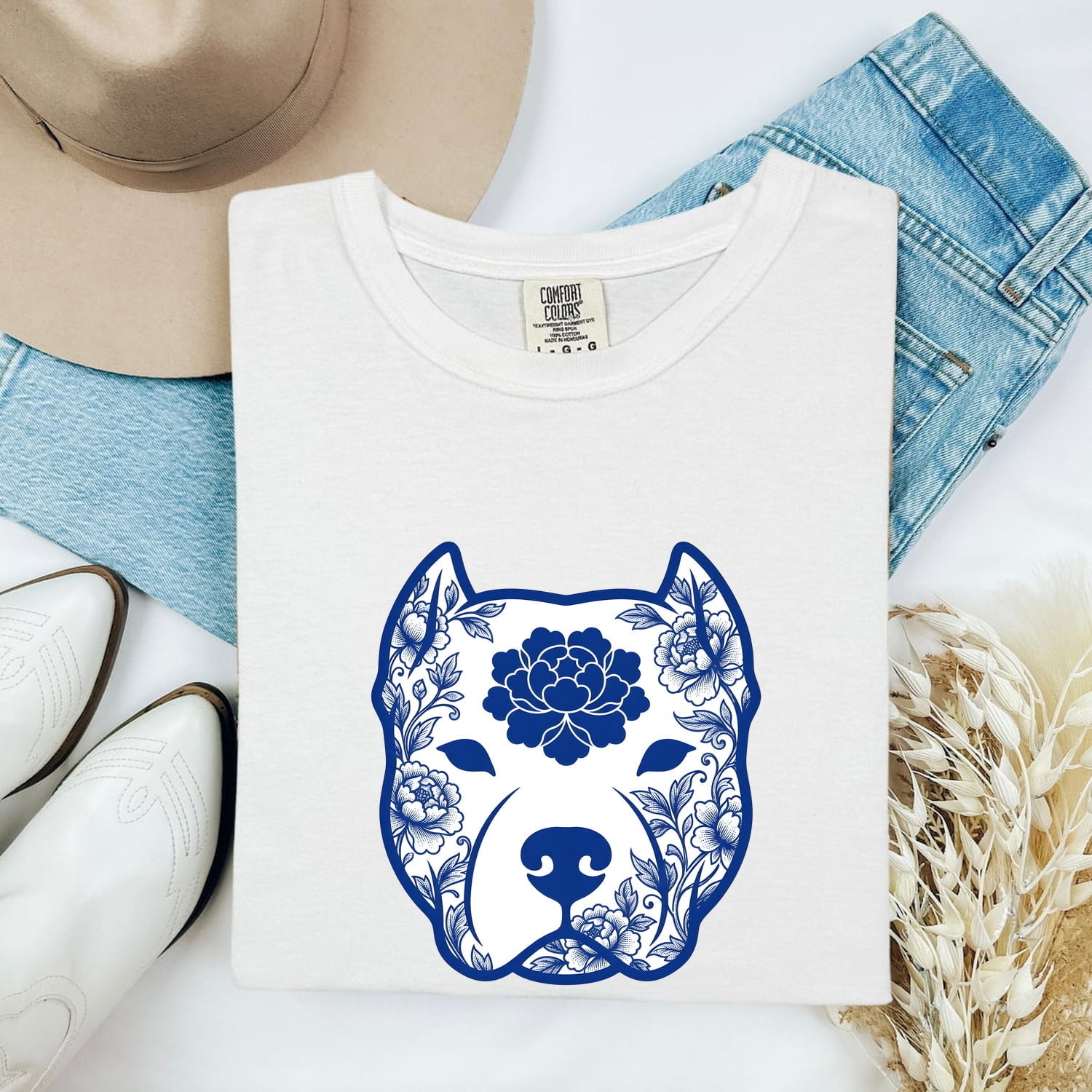 Pitbull Shirt for Women – Hand Drawn Floral Bouquet Illustrated Pibble Dog Graphic Tee