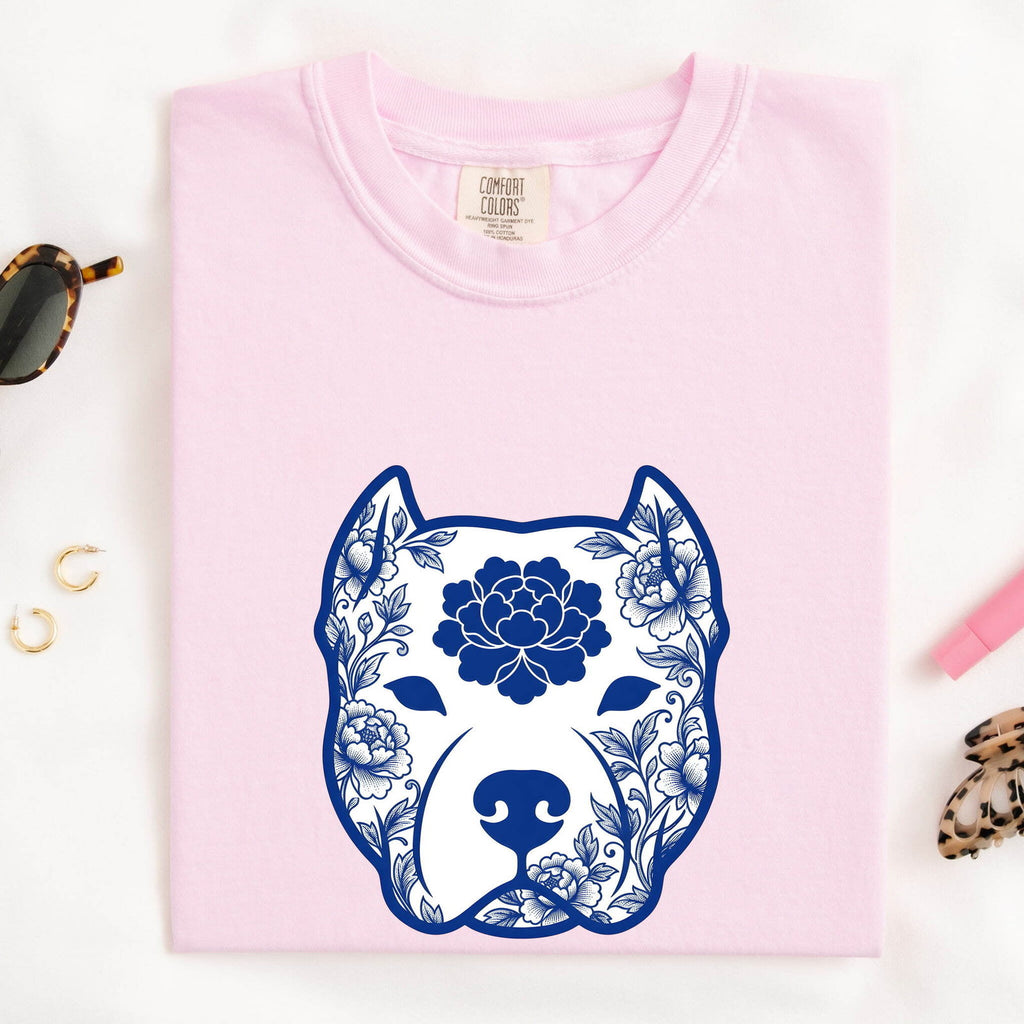 Pitbull Shirt for Women – Hand Drawn Floral Bouquet Illustrated Pibble Dog Graphic Tee