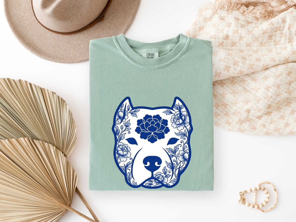 Pitbull Shirt for Women – Hand Drawn Floral Bouquet Illustrated Pibble Dog Graphic Tee