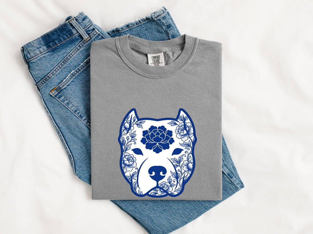 Pitbull Shirt for Women – Hand Drawn Floral Bouquet Illustrated Pibble Dog Graphic Tee