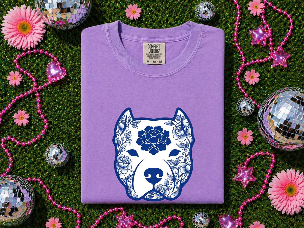 Pitbull Shirt for Women – Hand Drawn Floral Bouquet Illustrated Pibble Dog Graphic Tee