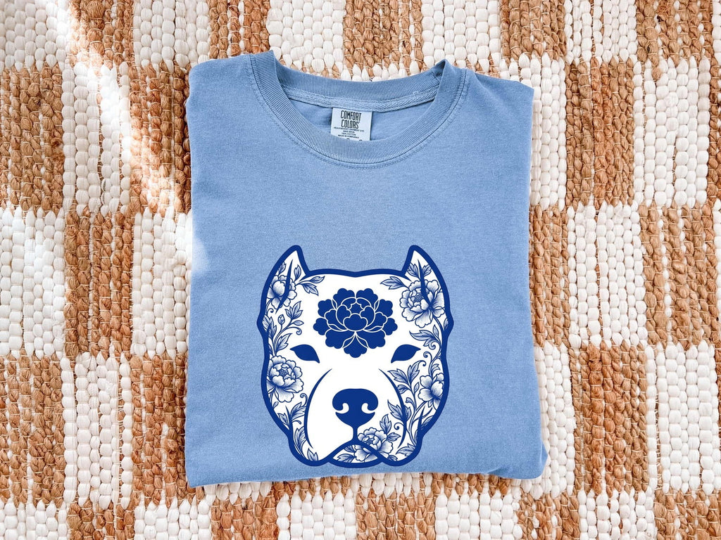Pitbull Shirt for Women – Hand Drawn Floral Bouquet Illustrated Pibble Dog Graphic Tee