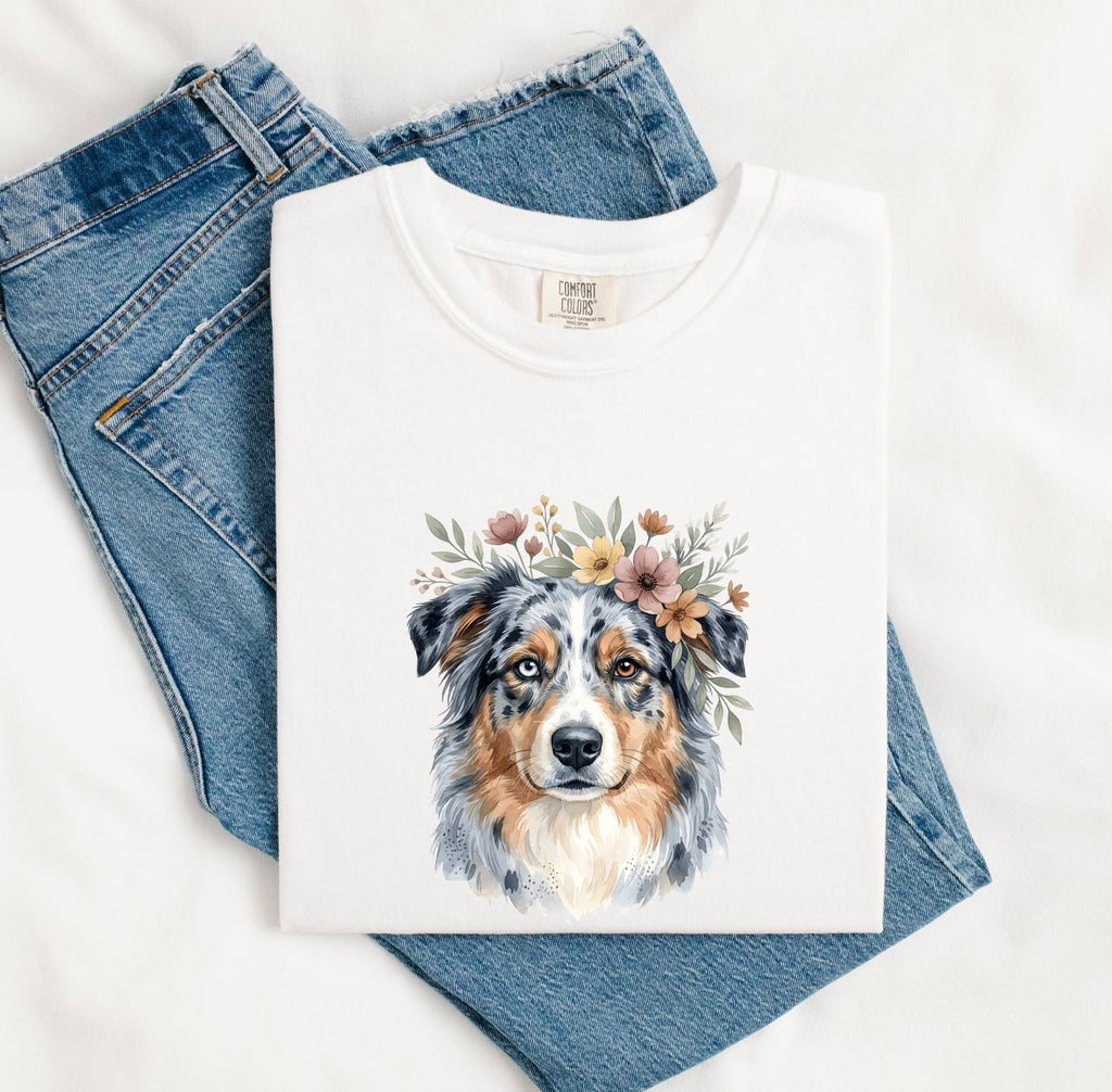 Australian Shepherd Shirt for Women – Hand Drawn Watercolor Floral Blooms Aussie Graphic Tee