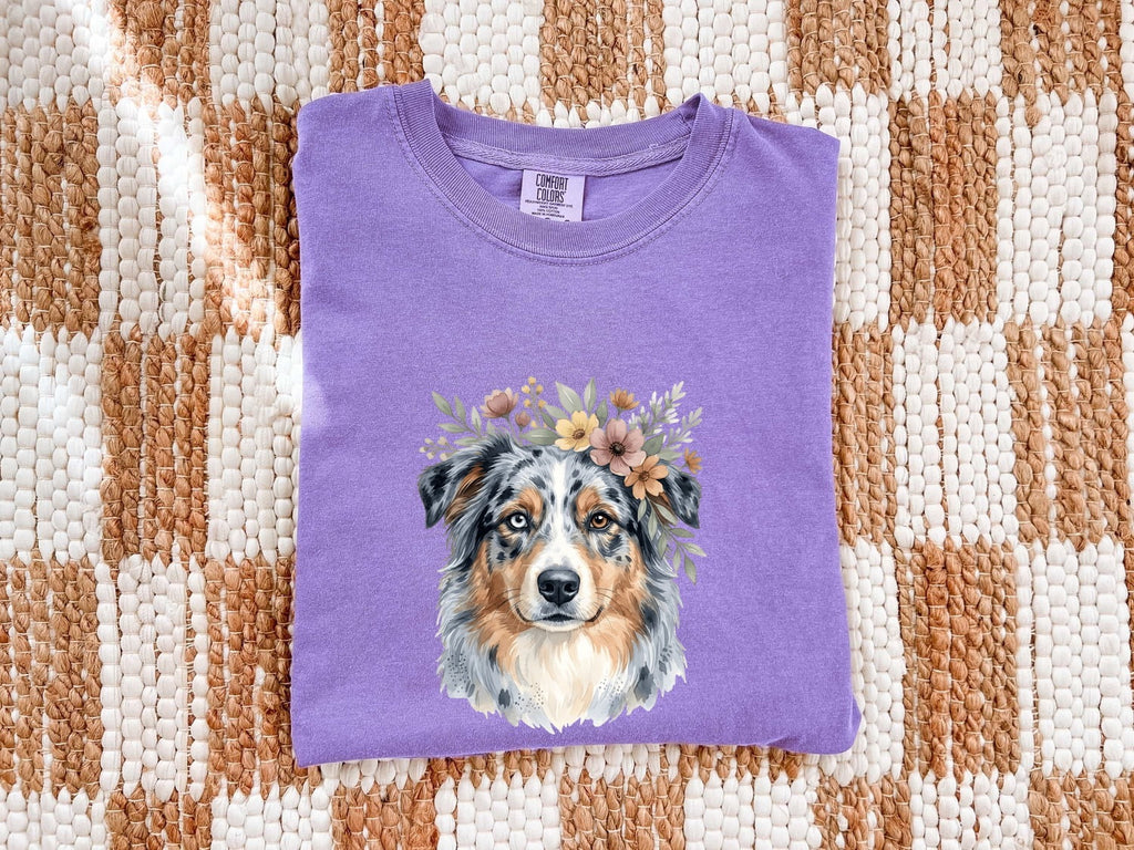 Australian Shepherd Shirt for Women – Hand Drawn Watercolor Floral Blooms Aussie Graphic Tee
