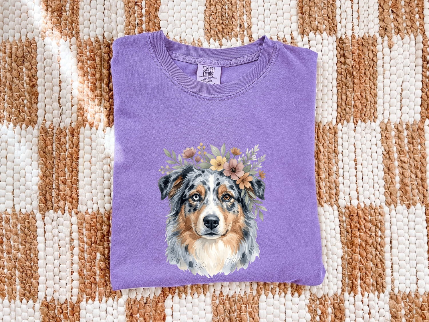 Australian Shepherd Shirt for Women – Hand Drawn Watercolor Floral Blooms Aussie Graphic Tee