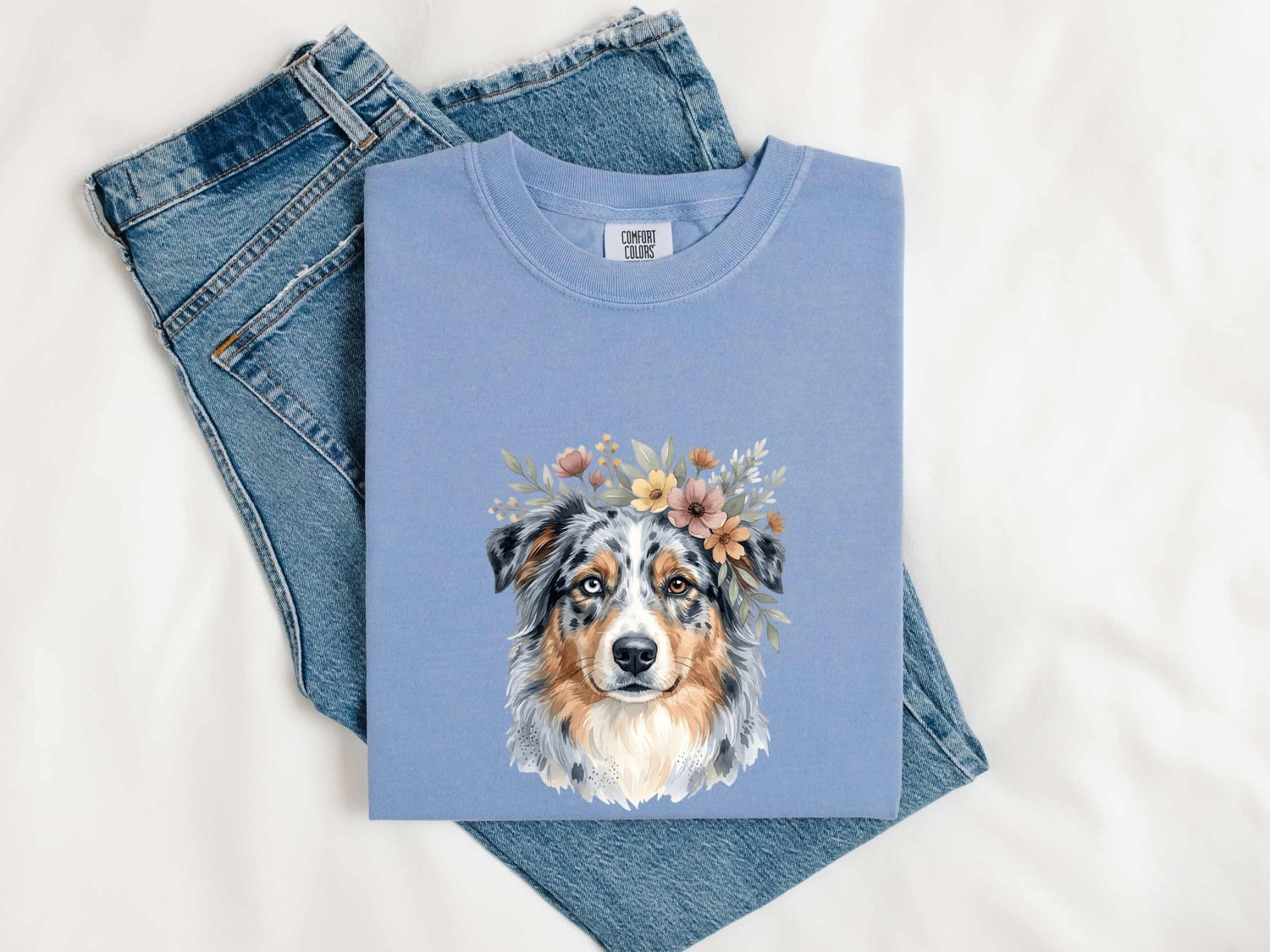 Australian Shepherd Shirt for Women – Hand Drawn Watercolor Floral Blooms Aussie Graphic Tee