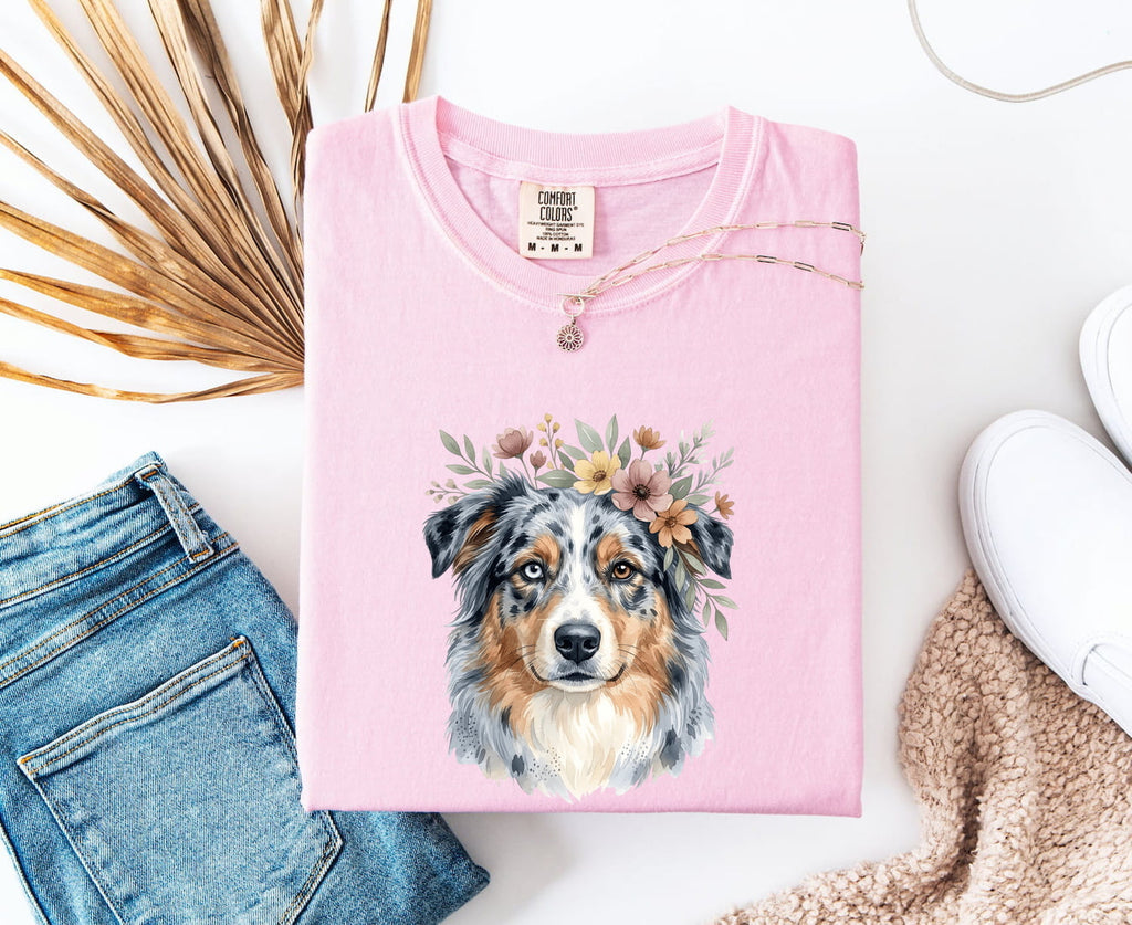 Australian Shepherd Shirt for Women – Hand Drawn Watercolor Floral Blooms Aussie Graphic Tee