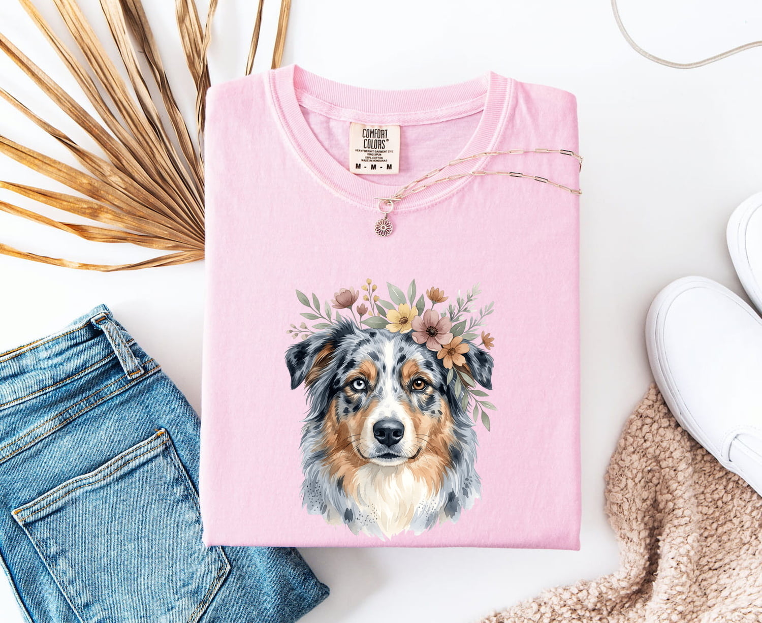 Australian Shepherd Shirt for Women – Hand Drawn Watercolor Floral Blooms Aussie Graphic Tee