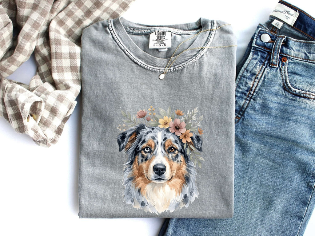 Australian Shepherd Shirt for Women – Hand Drawn Watercolor Floral Blooms Aussie Graphic Tee