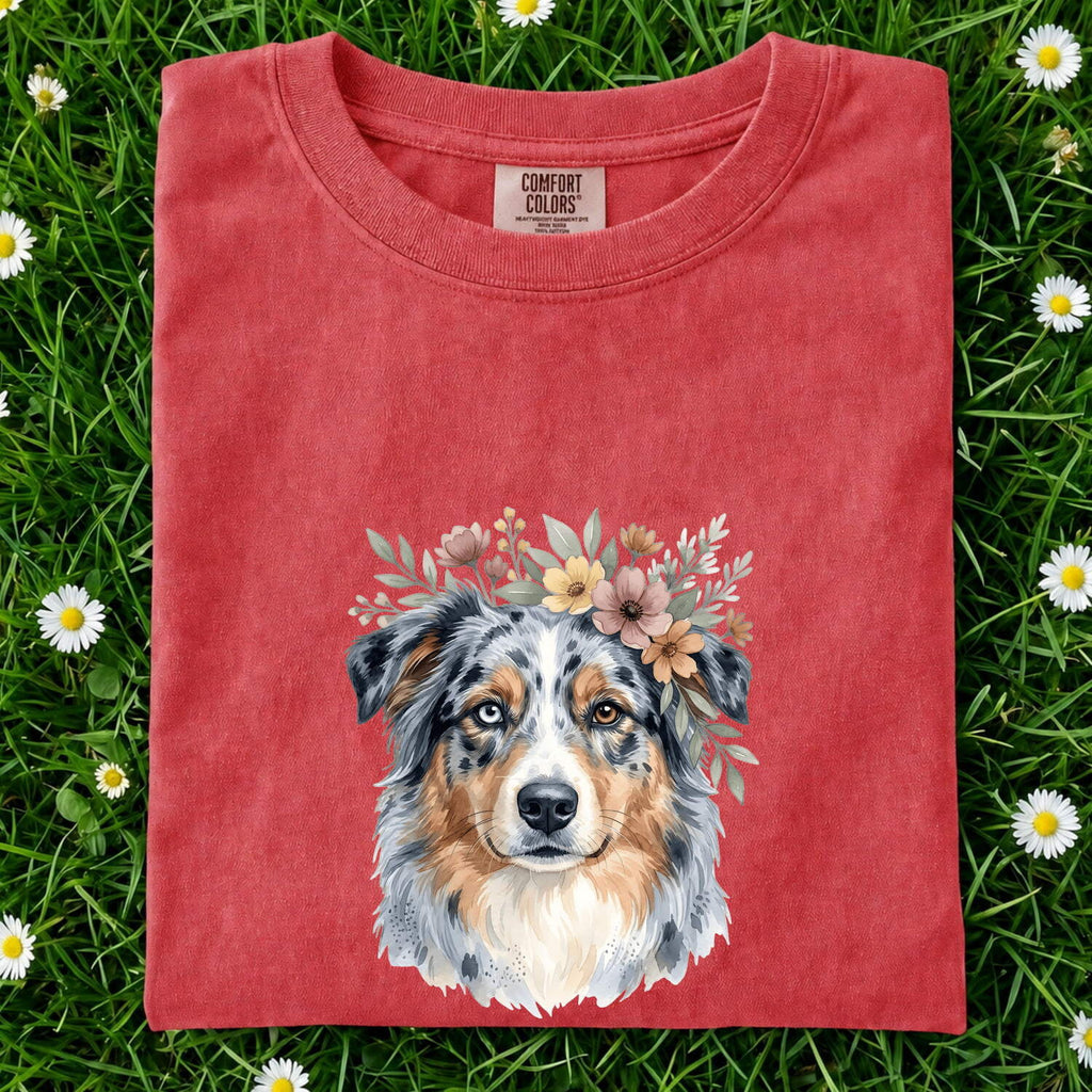 Australian Shepherd Shirt for Women – Hand Drawn Watercolor Floral Blooms Aussie Graphic Tee