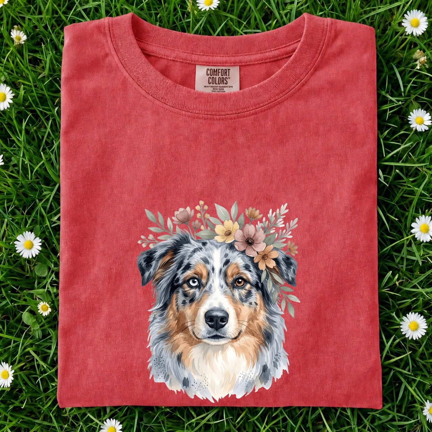 Australian Shepherd Shirt for Women – Hand Drawn Watercolor Floral Blooms Aussie Graphic Tee
