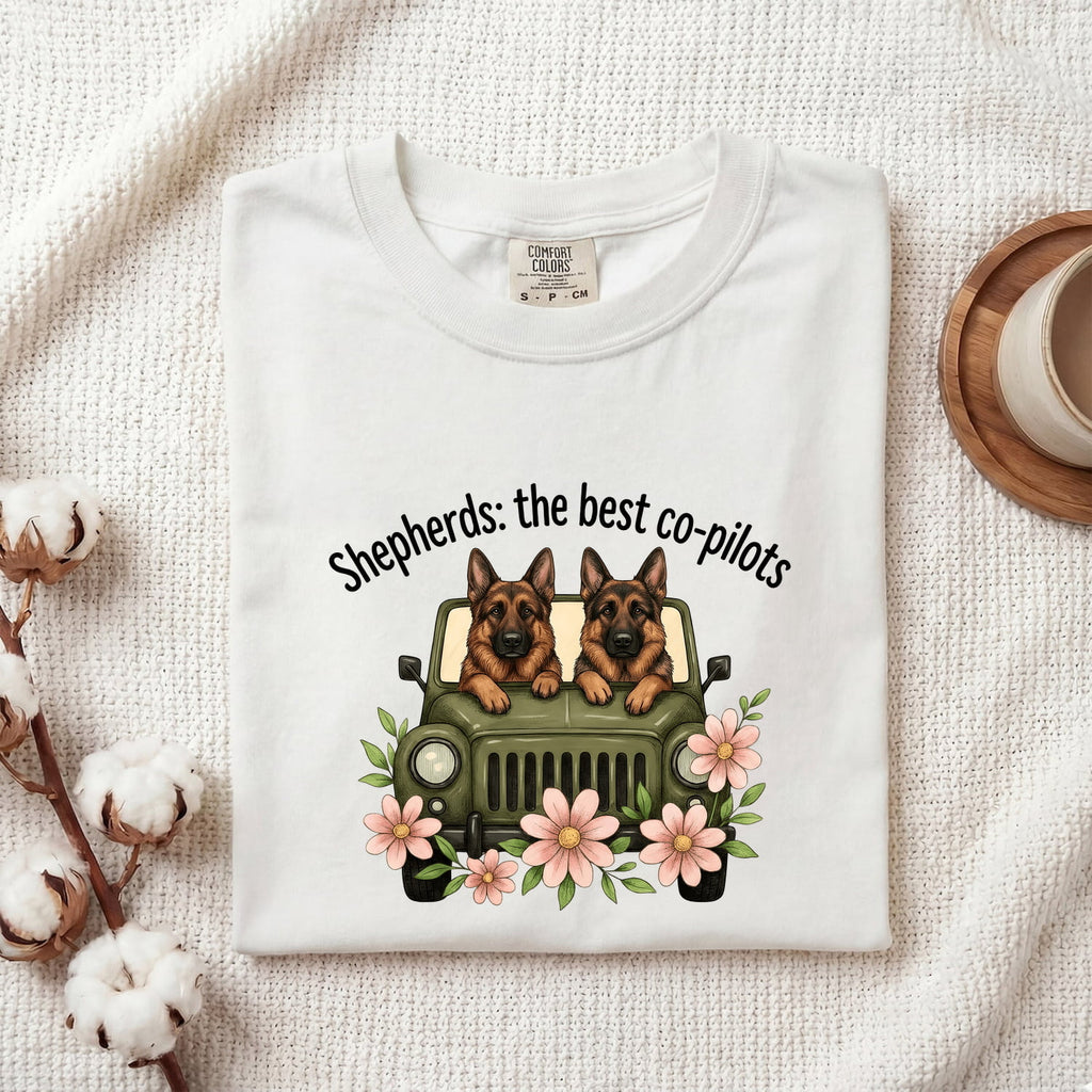 German Shepherd Shirt for Women – Sketch Floral Retro Off-Road Vehicle Graphic Tee
