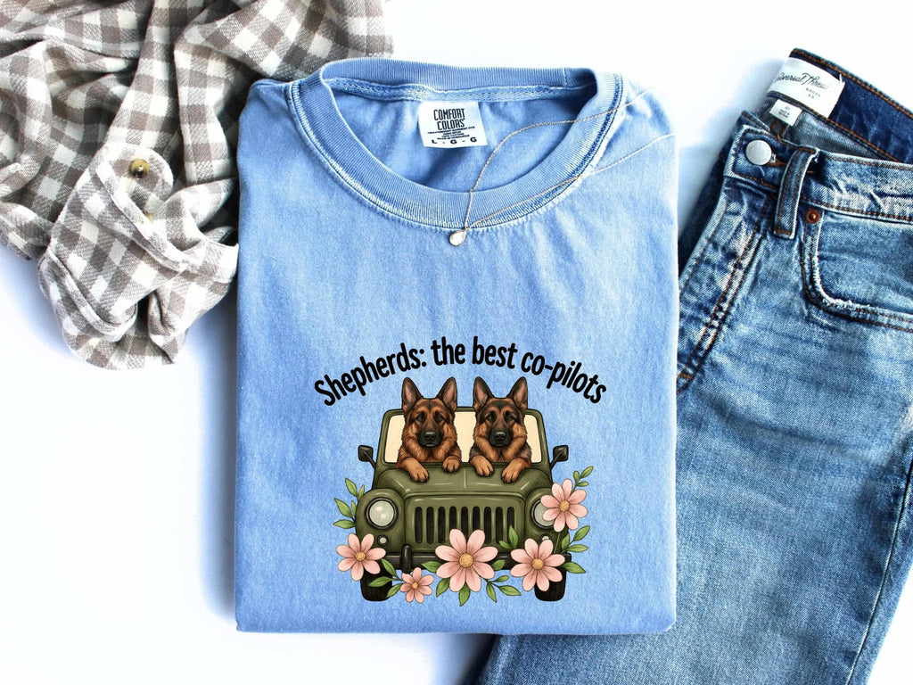 German Shepherd Shirt for Women – Sketch Floral Retro Off-Road Vehicle Graphic Tee