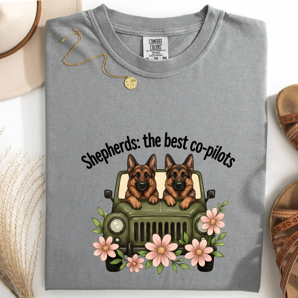 German Shepherd Shirt for Women – Sketch Floral Retro Off-Road Vehicle Graphic Tee