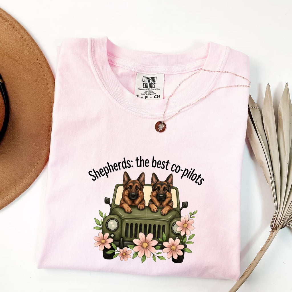 German Shepherd Shirt for Women – Sketch Floral Retro Off-Road Vehicle Graphic Tee