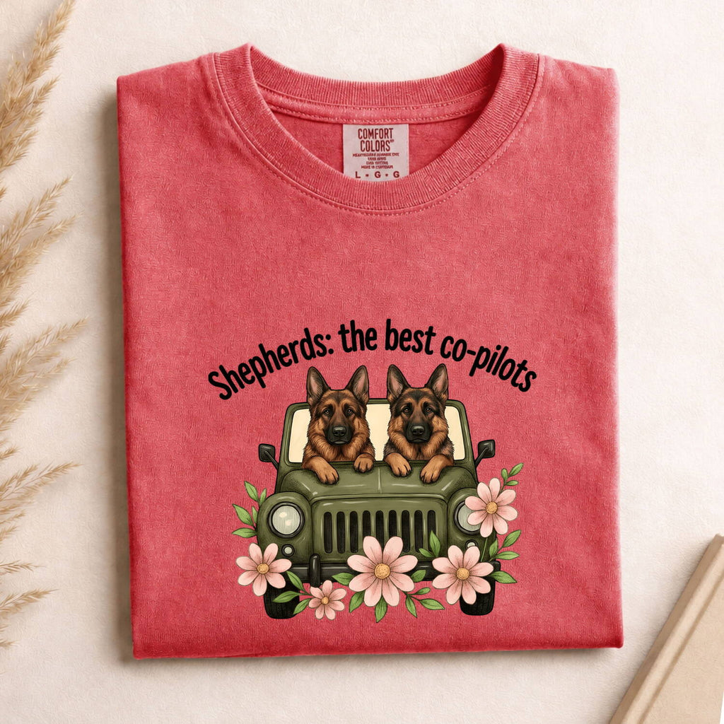 German Shepherd Shirt for Women – Sketch Floral Retro Off-Road Vehicle Graphic Tee