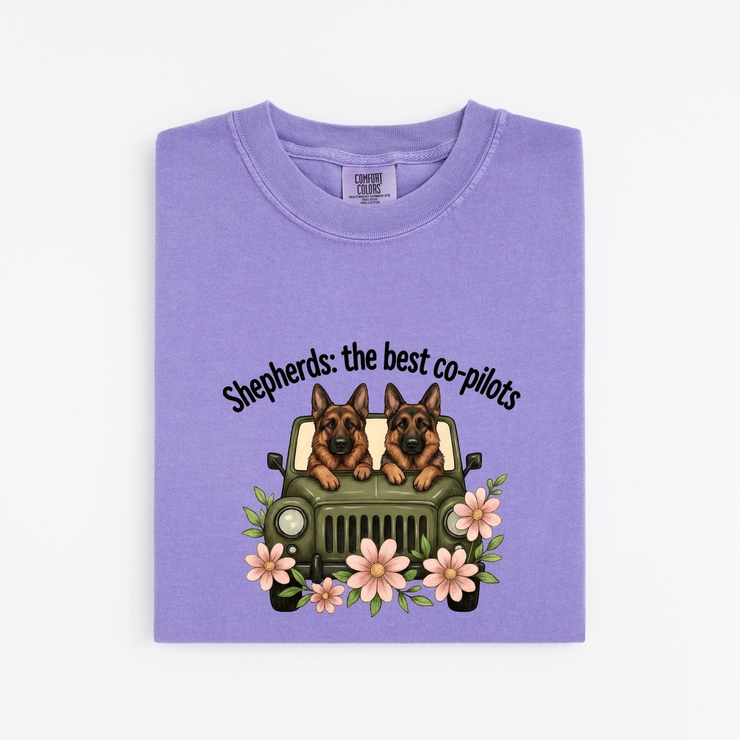 German Shepherd Shirt for Women – Sketch Floral Retro Off-Road Vehicle Graphic Tee