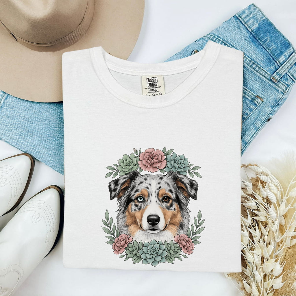 Australian Shepherd Shirt for Women – Floral Garden Cactus Realistic Dog Graphic Tee