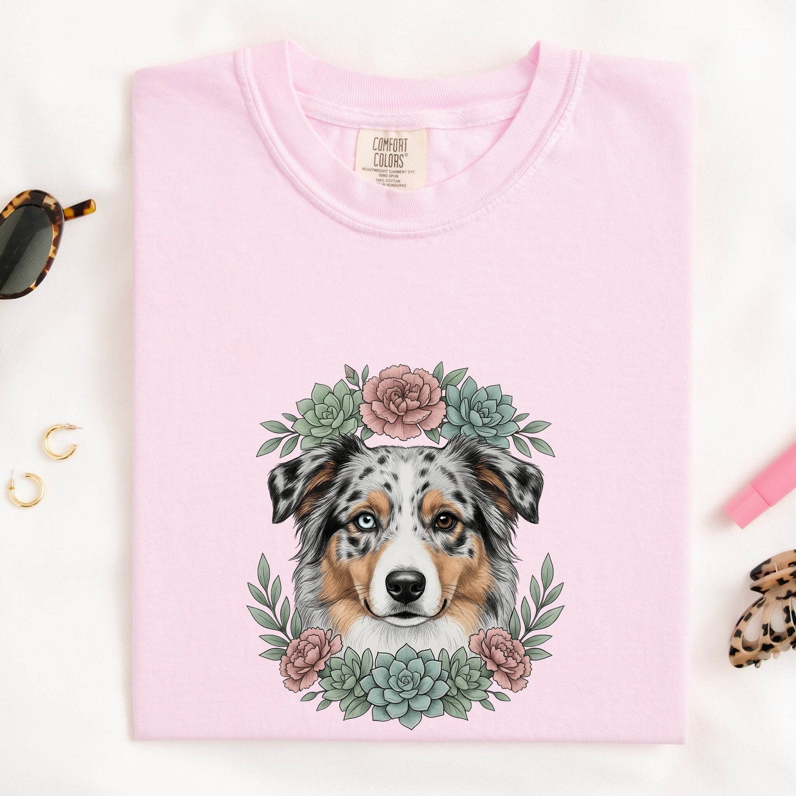 Australian Shepherd Shirt for Women – Floral Garden Cactus Realistic Dog Graphic Tee